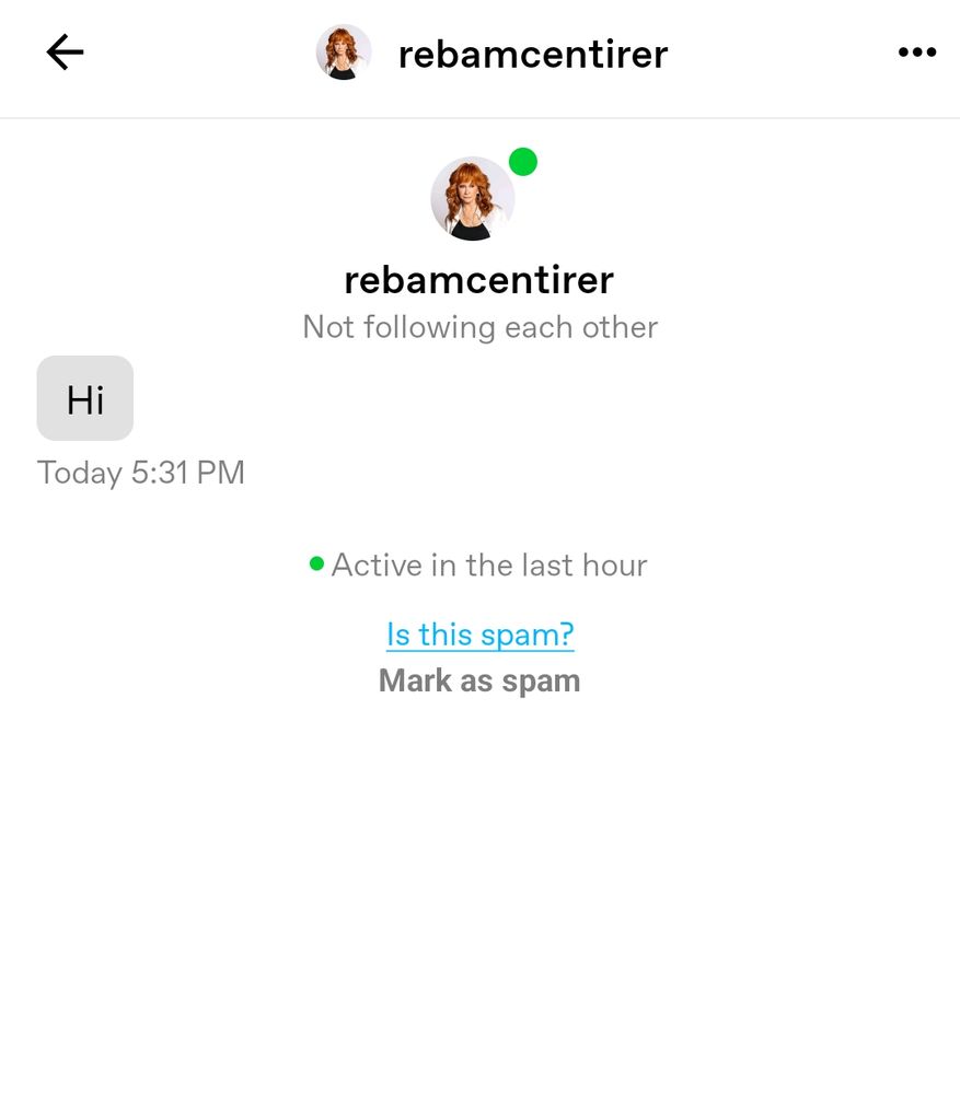 A "hi" message from an account claiming to be "rebamcentirer" on tumblr of all places