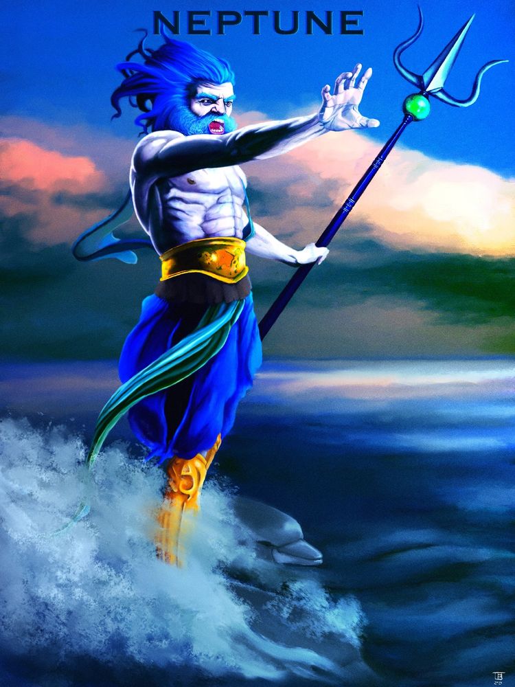 Roman god Neptune riding two dolphins in the ocean while holding his trident.  His hair and the ocean water flowing behind them.