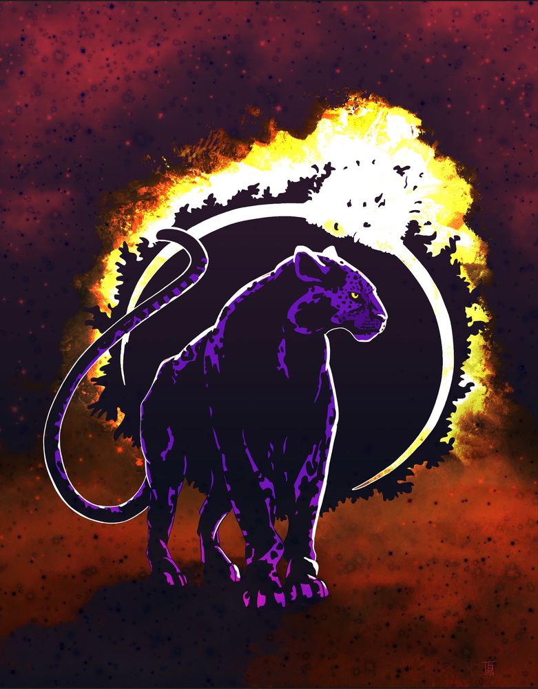 A stylized representation of a panther standing in front of a solar eclipse the red glare turning the ground and the sky purple and orange.