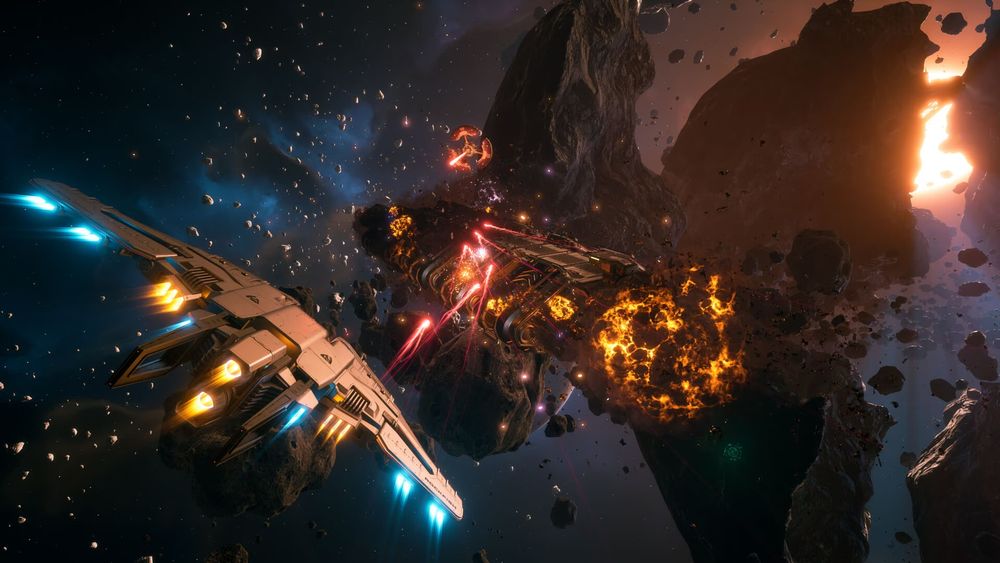Starship in outer space shooting an enemy ship, with asteroids and a star in the backdrop.