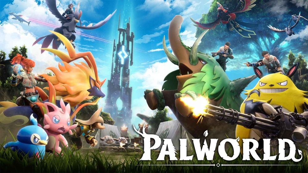 Title screen of Palworld, which shows two opposing sides of pals and pal tamers on the left and right sides about to fight each other, and a giant, ominous, luminescent tower in the background.