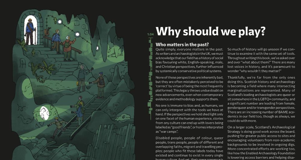 A dark page. A white header reads "why should we play?" Subtitles include "Who matters in the past?" and a message in ogham, reading "challenge the present". An adjacent illustration shows cave explorers exploring a dark environ, featuring stalagmites, lizards, ferns, and ancient Pictish artwork.