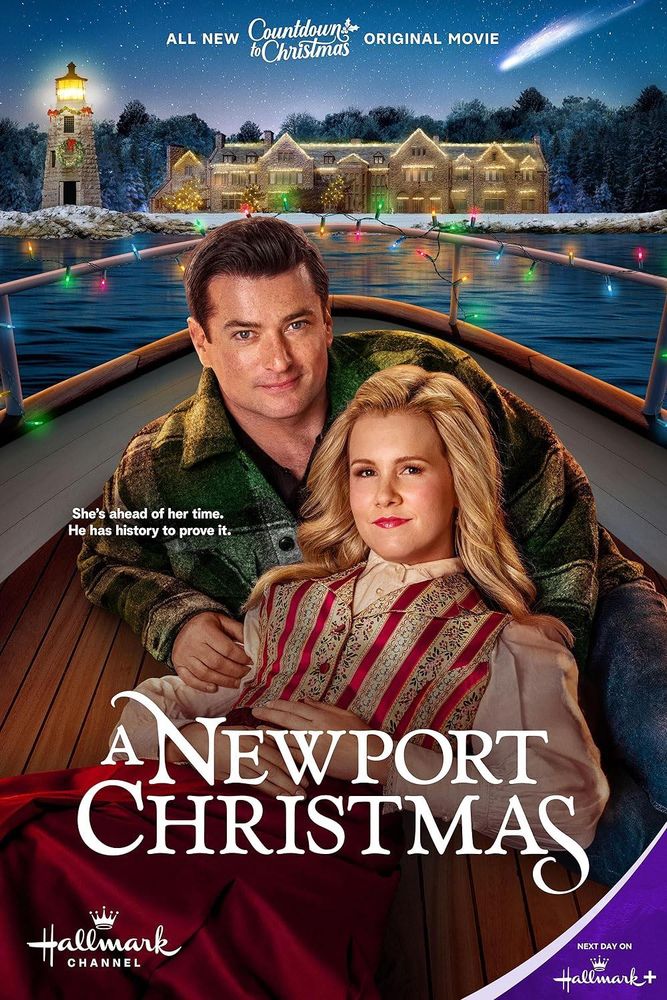 Poster for the Hallmark movie, A Newport Christmas, showing two people in a rowboat decked out with Christmas lights and a big house and lighthouse behind them.
