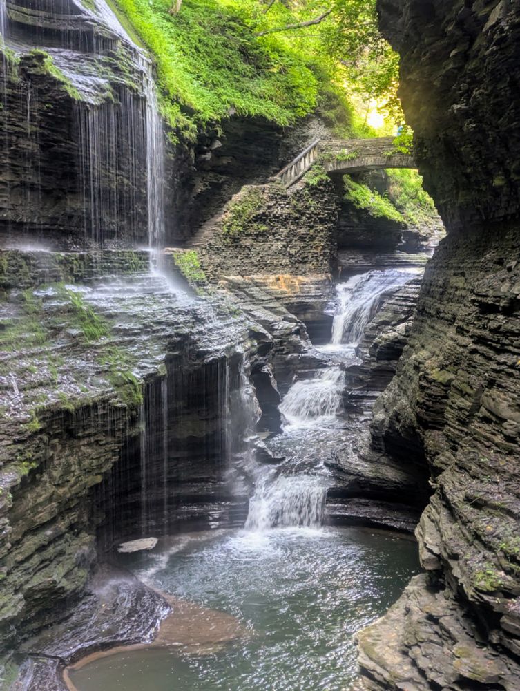 Watkins Glen State Park: A series of small waterfalls cascade through a narrow, moss-covered gorge, with a stone footbridge arching overhead amid lush greenery.
