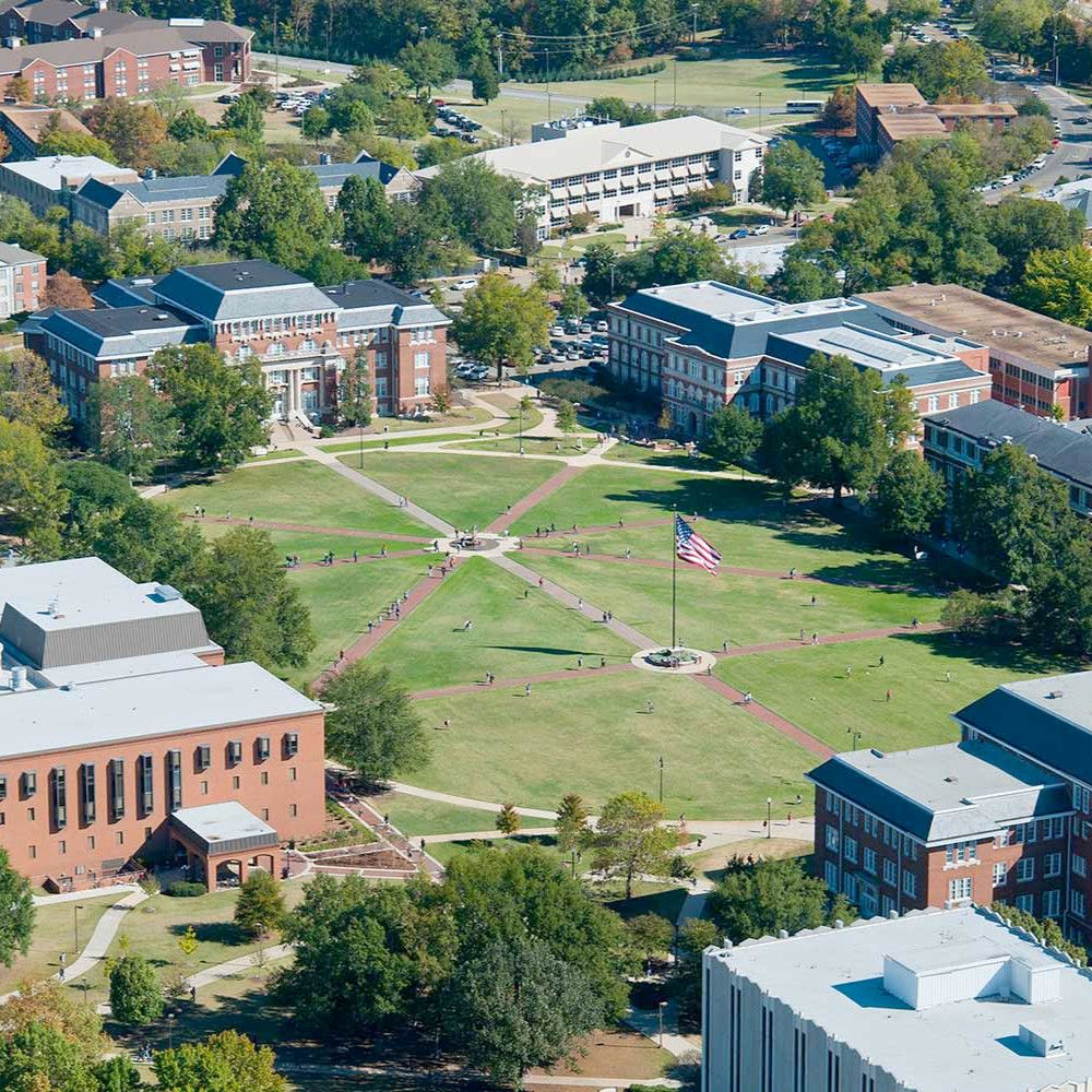 Aerial view of the Mississippi State University campus, looking down at the quad.