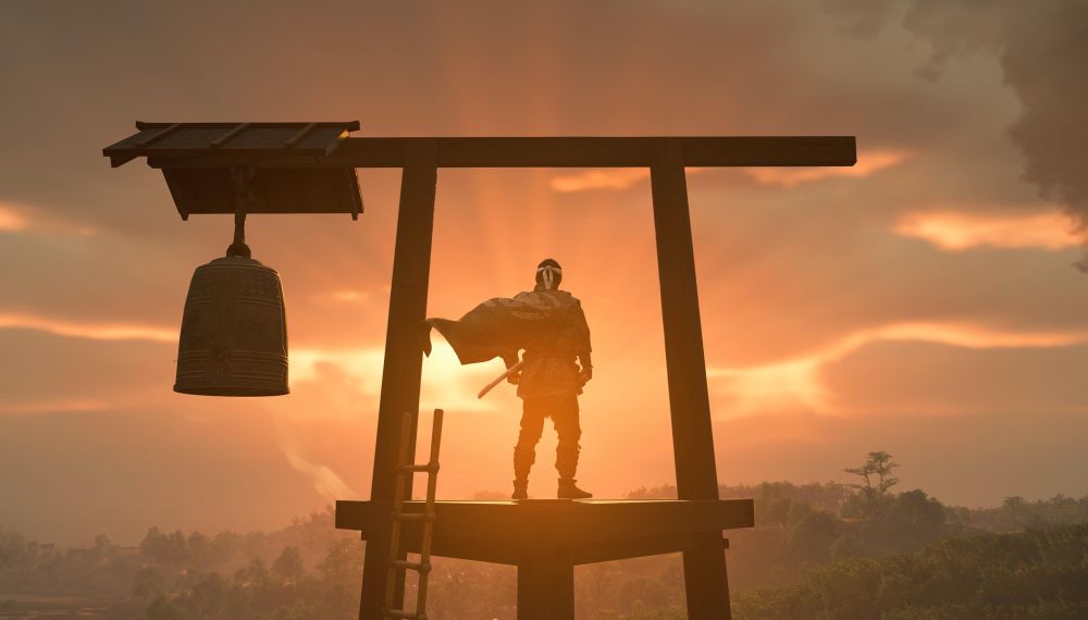 Photo mode shot from ghost of Tsushima. Jin standing on top of a watch tower staring into the sunset. His little cape is blowing dramatically into the wind
