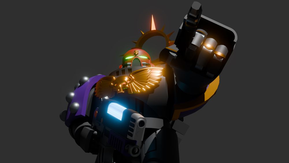 A Cyberium Crusaders (my custom chapter!) Sergeant pointing forward with his Power Fist (inspired by the 7th edition Space Marine codex)