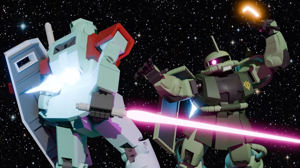 3D render of a GM and Zaku II fighting in space