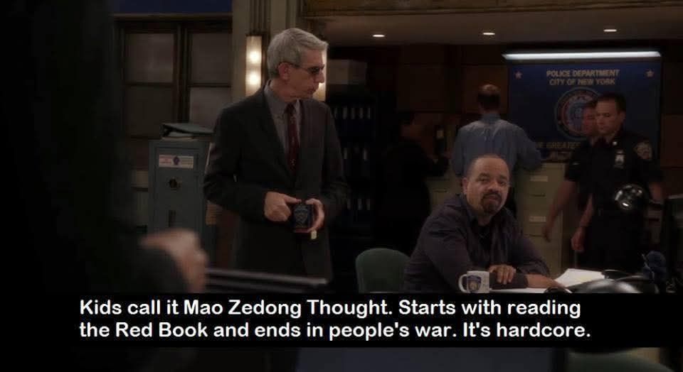 law and order meme

Ice cube is saying "kids call it Mao Zedong Thought. Starts with reading the Red Book and ends in people's war. It's hardcore"