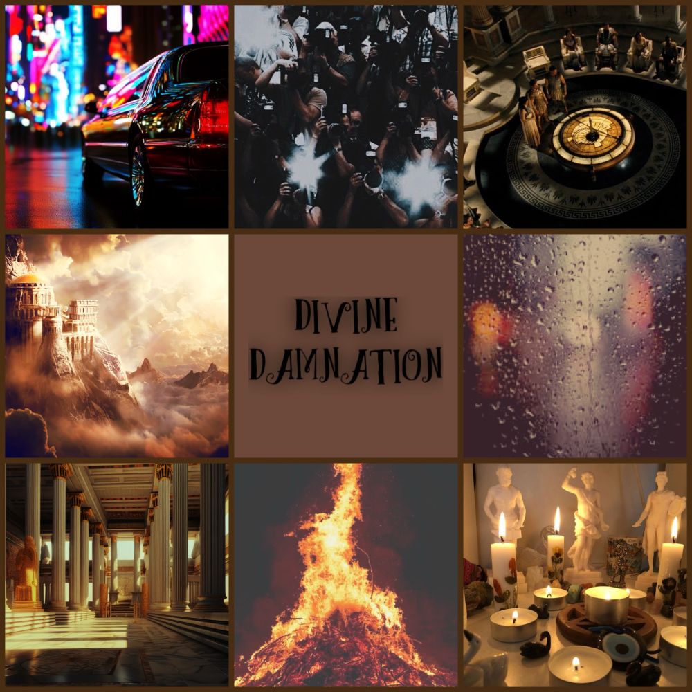 A photo collage depicting a limo, paparazzi, the Greek gods gathered in the throne room, a rain spattered window, an altar, a funeral pyre, a gold and marble hall with pillars, and art of Mt. Olympus. The book title Divine Damnation is placed front and center. 