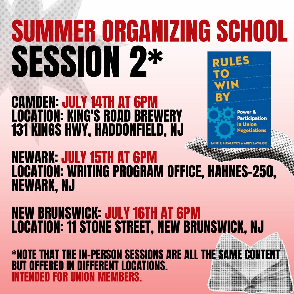 Summer Organizing School
Session 2*

Camden: July 14th At 6pm
Location: King's Road Brewery 
131 Kings Hwy, Haddonfield, NJ 

Newark: July 15th At 6pm
Location: Writing Program office, Hahnes-250, Newark, NJ

New Brunswick: July 16th at 6pm
Location: 11 Stone Street, New Brunswick, NJ

*Note that the in-person sessions are all the same content but offered in different locations. 
Intended for union members.