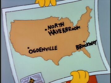 Screenshot from the Simpsons of a United States map. The map has 3 cities listed, North Haverbrook, Ogdenville, and Brockway.