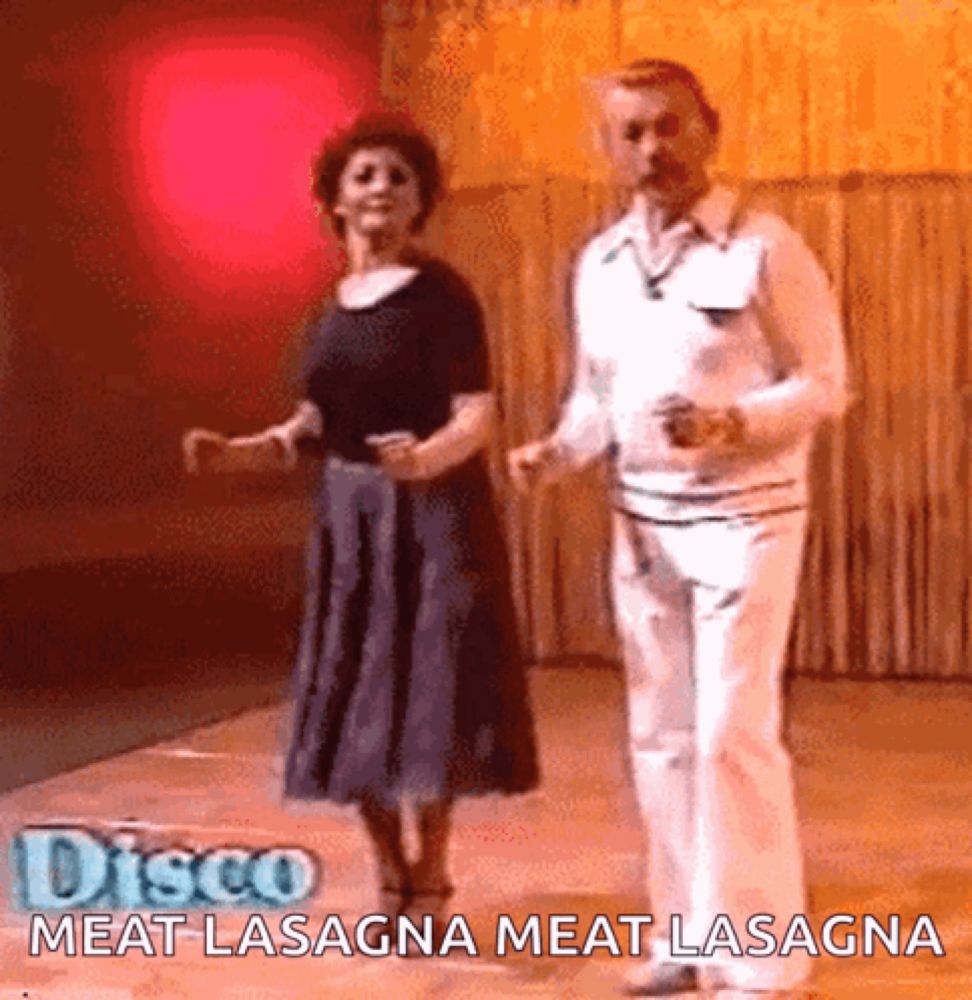 a man and a woman are dancing on a dance floor with the words disco meat lasagna meat lasagna above them