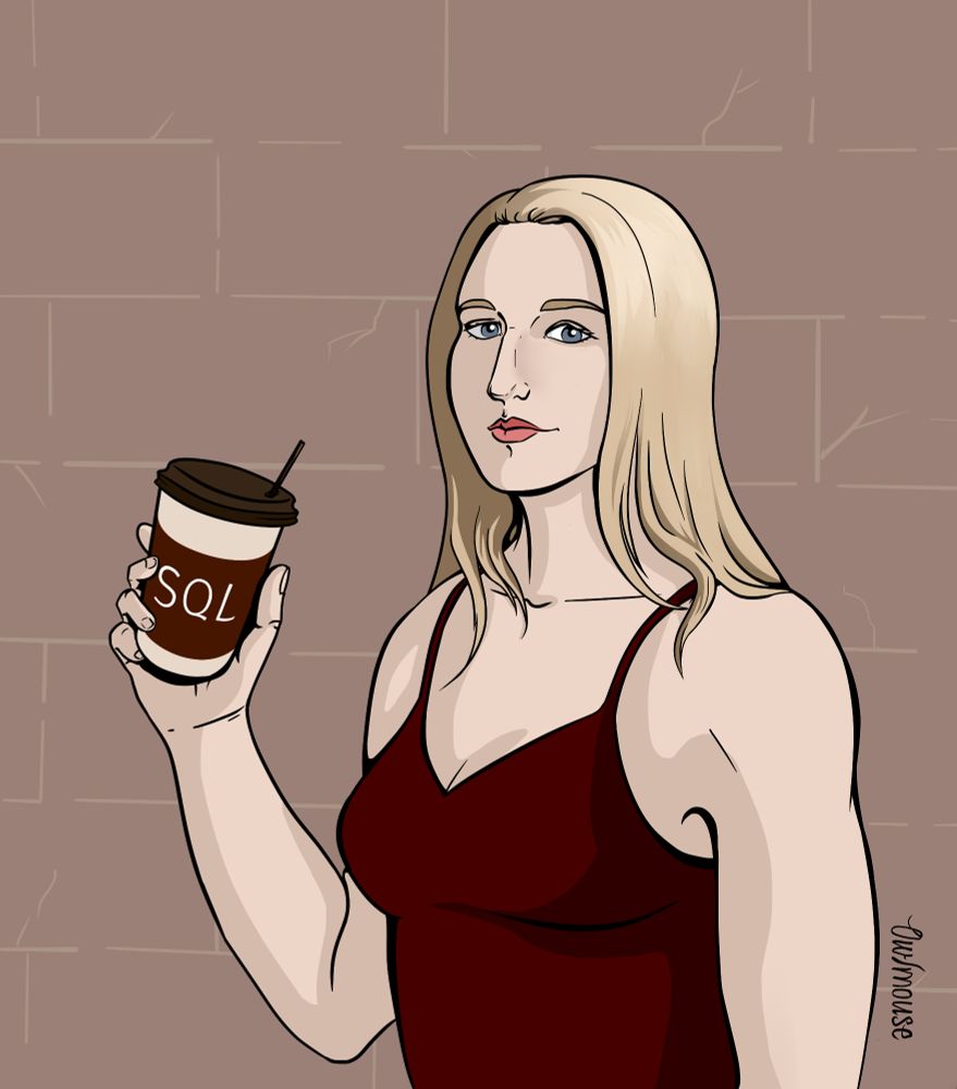 A comic-stylized image of a blonde woman with a cup of coffee