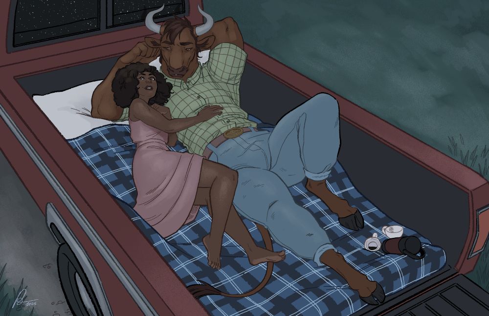 Main characters Lea (human) and Rick (minotaur) are lounging and cuddling in the bed of a pick up truck while star gazing.