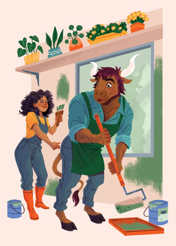 Cartoon mockup for Screwed by the Minotaur by Jenifer Wood. female main character is in overalls, carrying a paint brush with green paint and about to pinch the Minotaur's butt. The Minotaur stands in front of the FMC in jeans, a button up, and apron with a paint roller while looking over his shoulder at the FMC