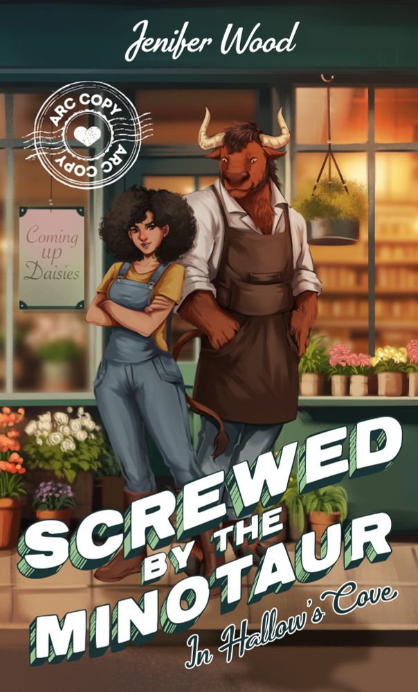 Advanced Read Copy cover art for Screwed by the Minotaur by Jenifer Wood. A woman with her arms crossed over her chest stands with her back to a Minotaur in an apron, while the Minotaur looks over at her. 