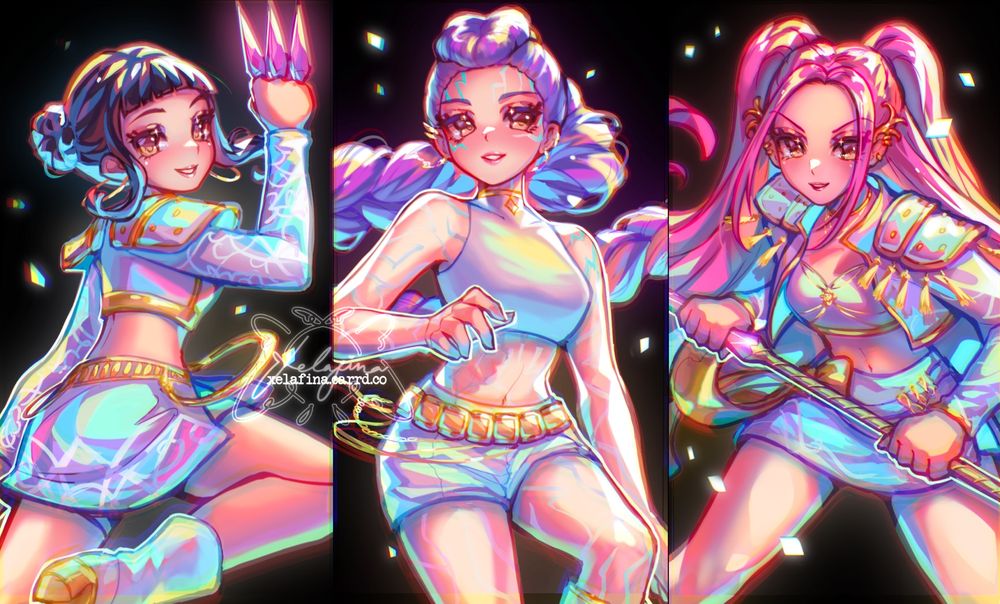 close ups of zoey, rumi, and mira from kpop demon hunters (netflix film)