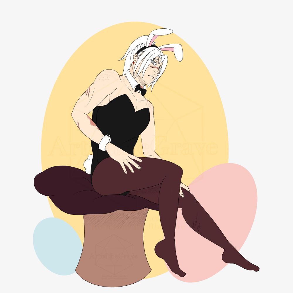 My OC Oliver dressed in a bunny suit sitting on a pillowed chair. There are pastel Easter eggs in the background. 