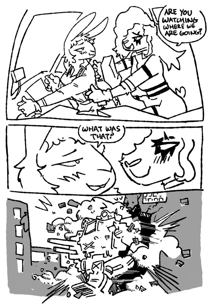 three panel comic. first panel shows the interior of a mech girlcockpit with two pilots, the front pilot looks back at the pilot behind her and stares super fucking lesbianly. The back pilot asks "are you watching where we are going?" In the second panel the girls blushing faces are closer and the first pilot whispers softly "what was that?" In the third panel a mech clumsily crashes through the side of a building tossing debris everywhere. For real though her in a pilot suit would destroy me though