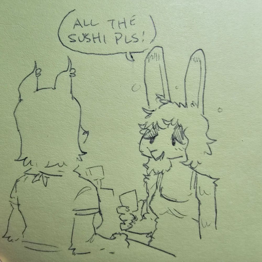 Tipsy bunny girl stands in front of a counter where a cat girl stands. The bunny girl asks "all the sushi pls!"