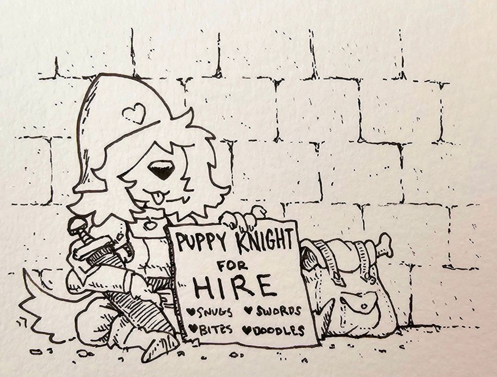A puppy knight sits against a stone wall, she snuggles a sword under one arm and holds a sign up in the other that reads 