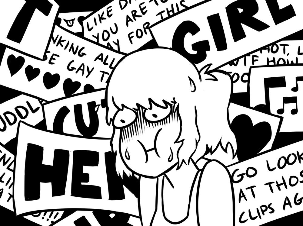She sits there blushing and sweating, her head no longer able to contain constructive thoughts she is surrounded by a horde of queer feelings. She is so overwhelmed with gayness and its just awoooooooof overwhelming and sigh duck I just want to be smooching her right now