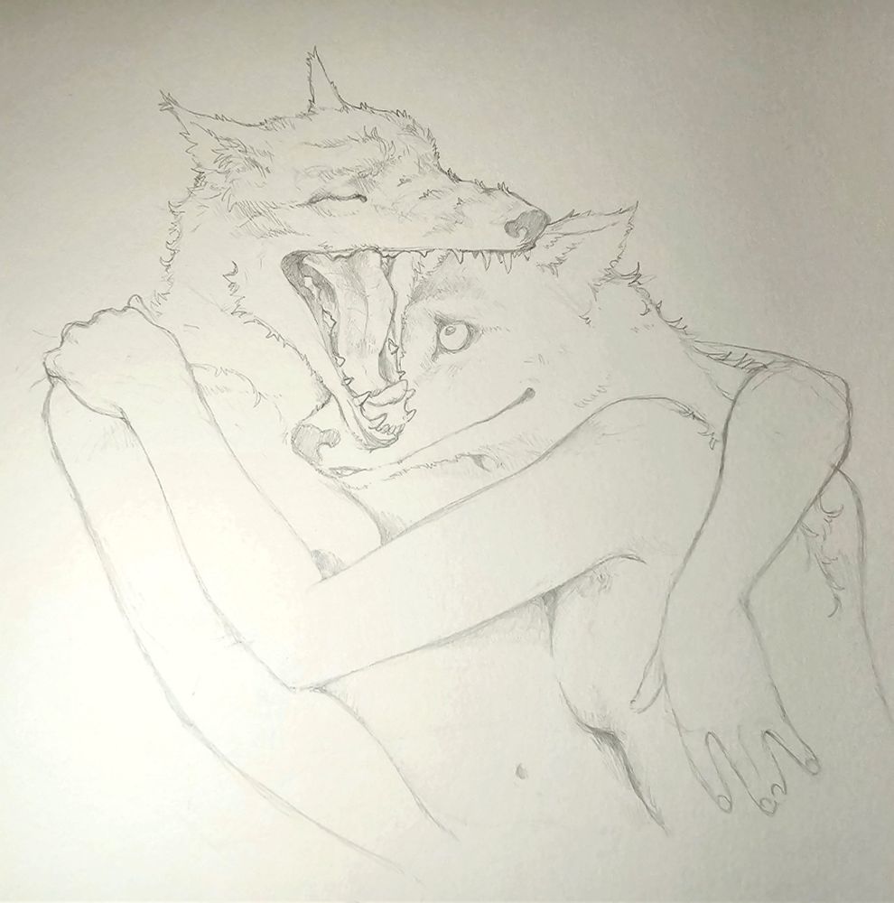 two wolf girls cudddle, one looking at the other lovingly as the other yawns