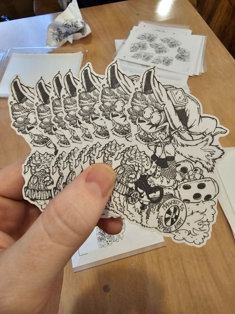 Stickers of bunlith racing a kart in the art style of rat fink. It's very well done, good job phobia