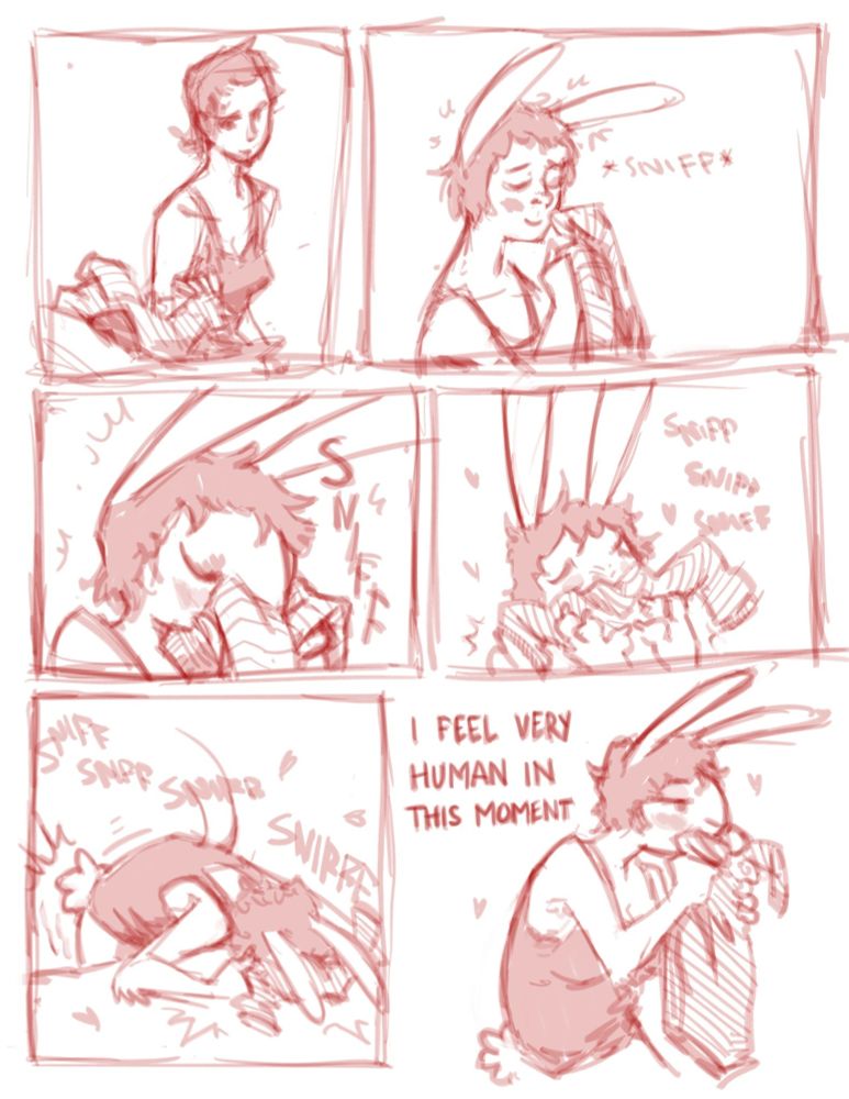 Six panel comic. Over the course of six panels a woman smells her girlfriend's shirt and so slowly turns into a bunny girl as she sniffs more and more energetically. In the last panel she looks up fully transformed into a bunny girl and thinks "I feel very human in this moment"