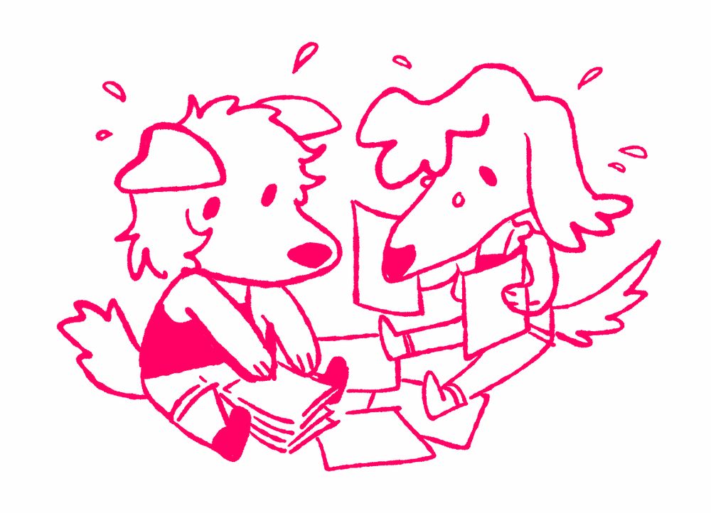 two chibi cartoon dogs look through a stack of papers 