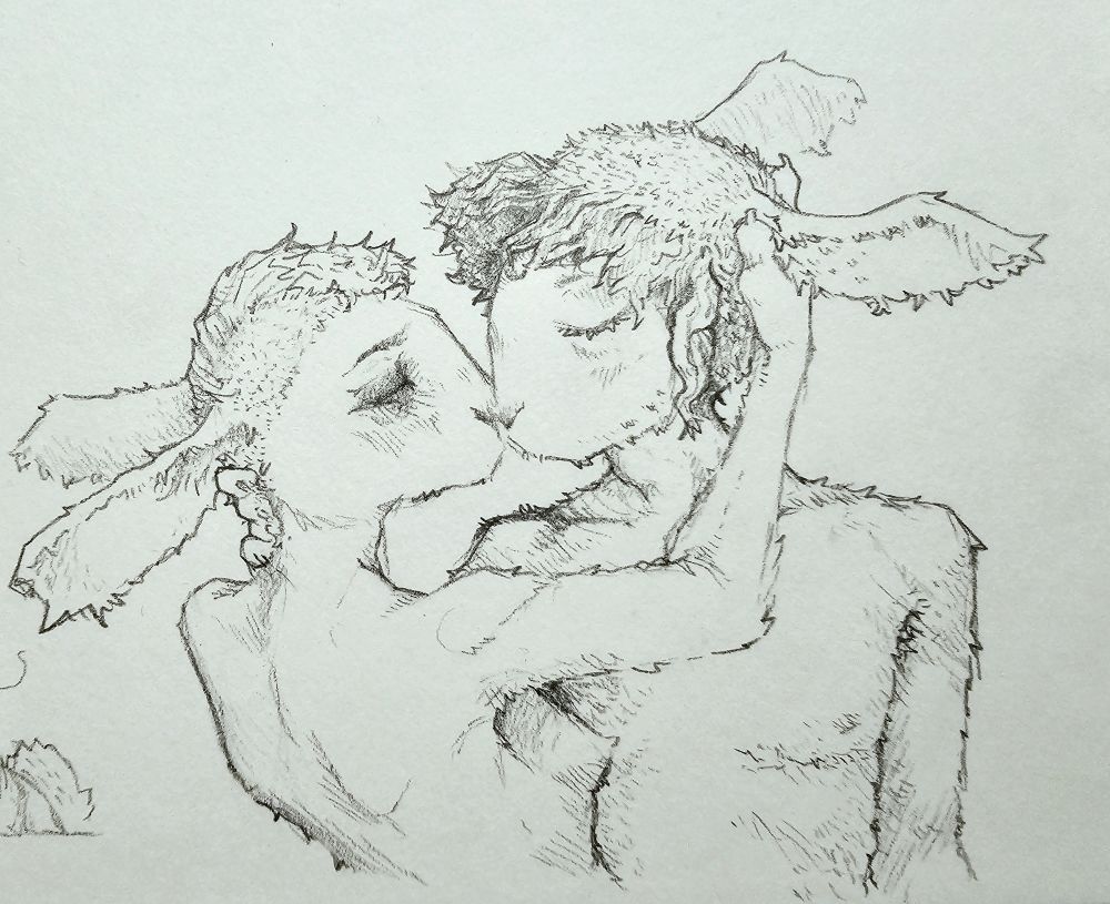 Two queer bunnies embracing and kissing and loving