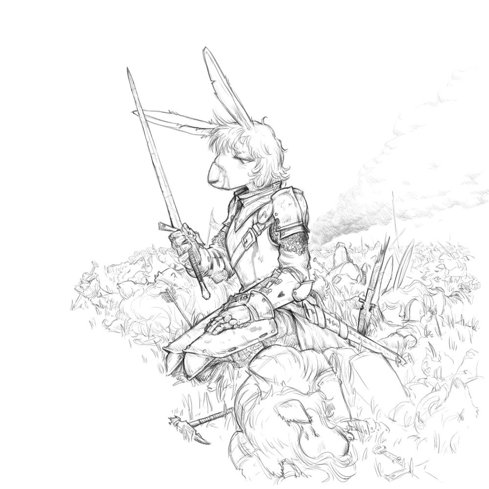 An bunny woman knight kneels at the edge of a battlefield. She is damaged and bloodied and stares at the worn sword she holds. Bodies surround her