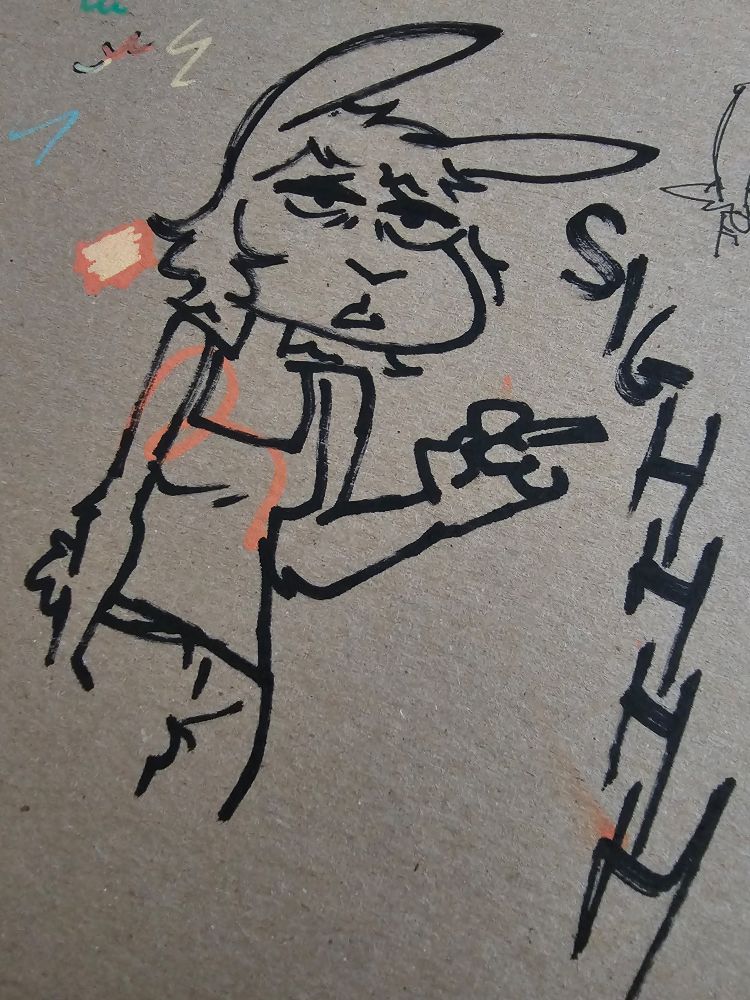 A tired bunny girl smokes a cigarette and sighs heavily