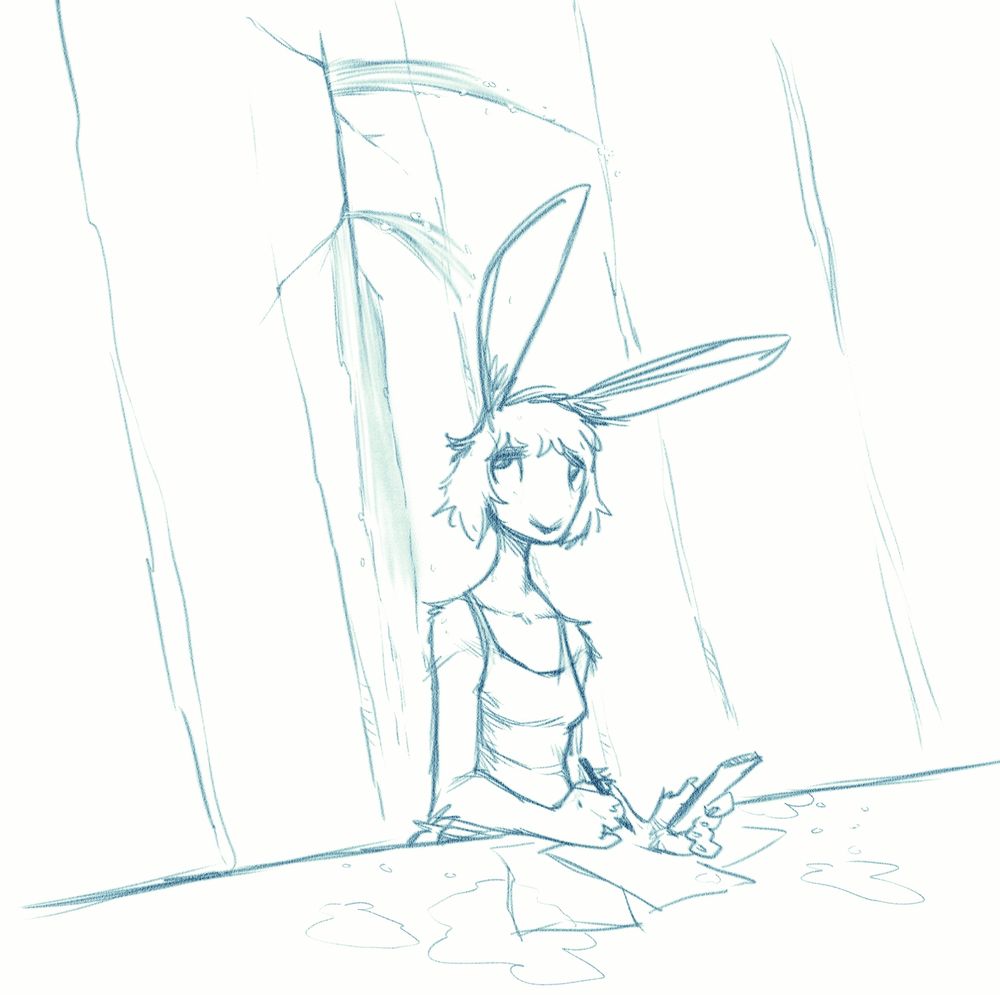 A bunny girl sits trying to draw but she is distracted by the water spraying from the cracks in the walls behind her. She thinks about how instead of being introverted or extroverted she might just be sapphic and has so pressure unused and building up and destroying her and fuck me it's so hard to draw when you can't get that energy out. 