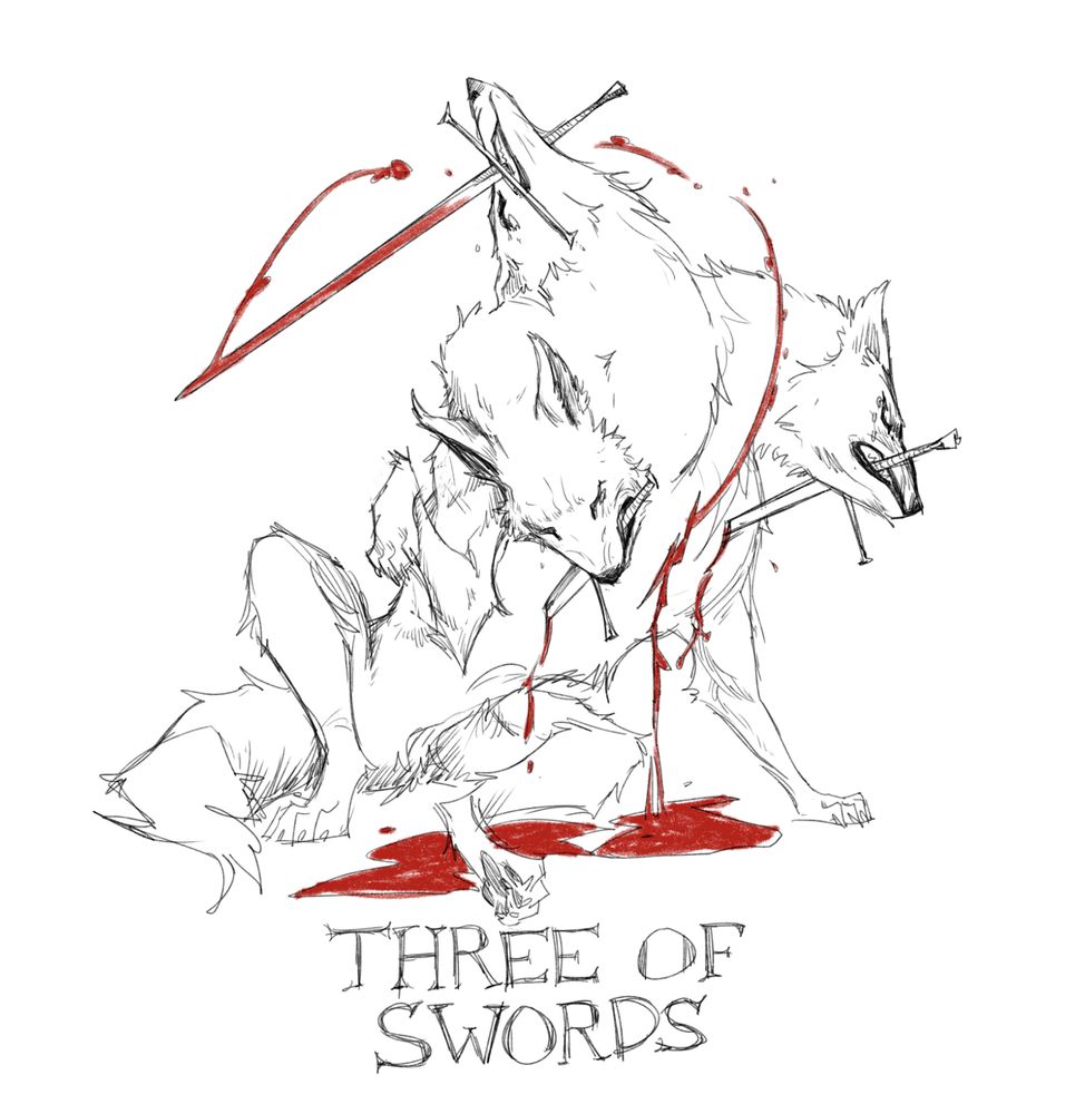 a three headed wolf tries to pull three swords from its chest, it sits in a pool of blood. The words three of swords below it