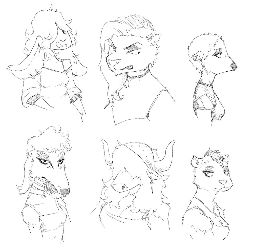 some random animal girl doodles. A bunny girl with long floppy ears in a sweater, an angry looking lion gal with a side shave, a side view of a buzz cut rat dyke, a cunty looking Agony borzoi girl, a cow girl with long face covering hair, a ferret girl with a mohawk 