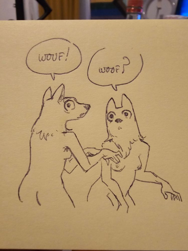 Woof women saying 'woof!" They have wolf heads, but the bodies of women 