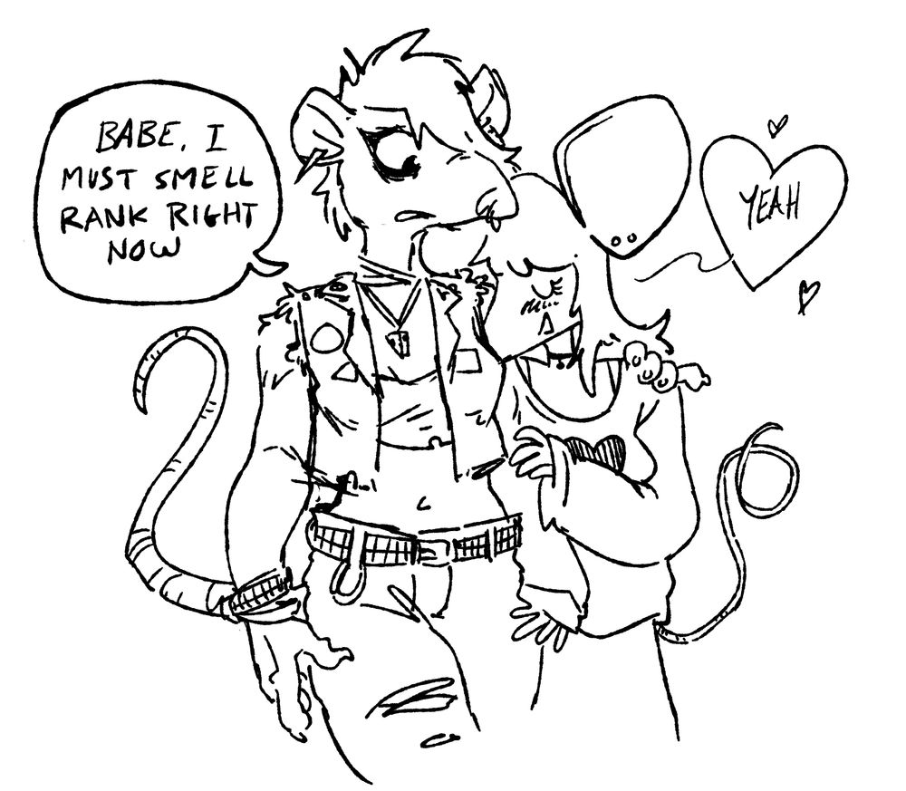 A butch rat girl looks down at her cute femme mouse gf who is burying her nose in the rat girls armpit. The rat girl says "babe, I must smell rank right now" to which the mouse girl replies "yes" in a heart speech bubble