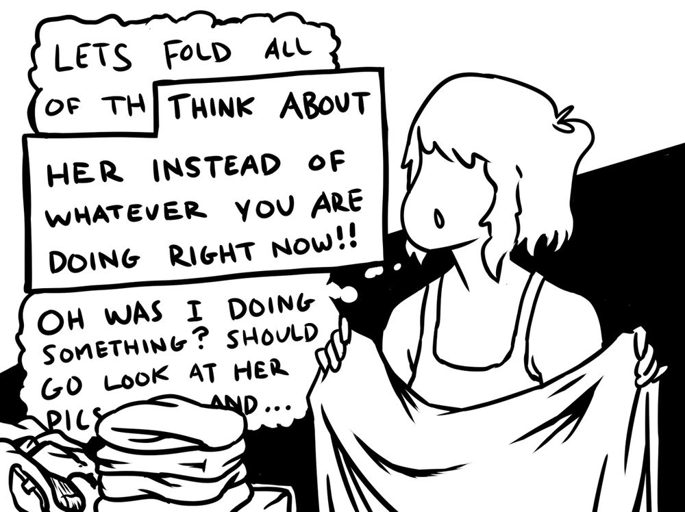 woman folding clothes is thinking about folding clothes but her thought bubble is interrupted with thoughts of a girl she is gay for 
