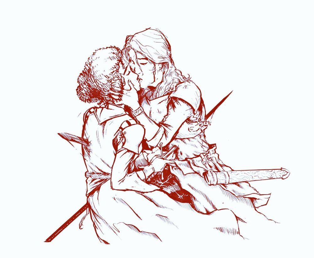 two knight women embrace and kiss, they have run each other clean through with swords