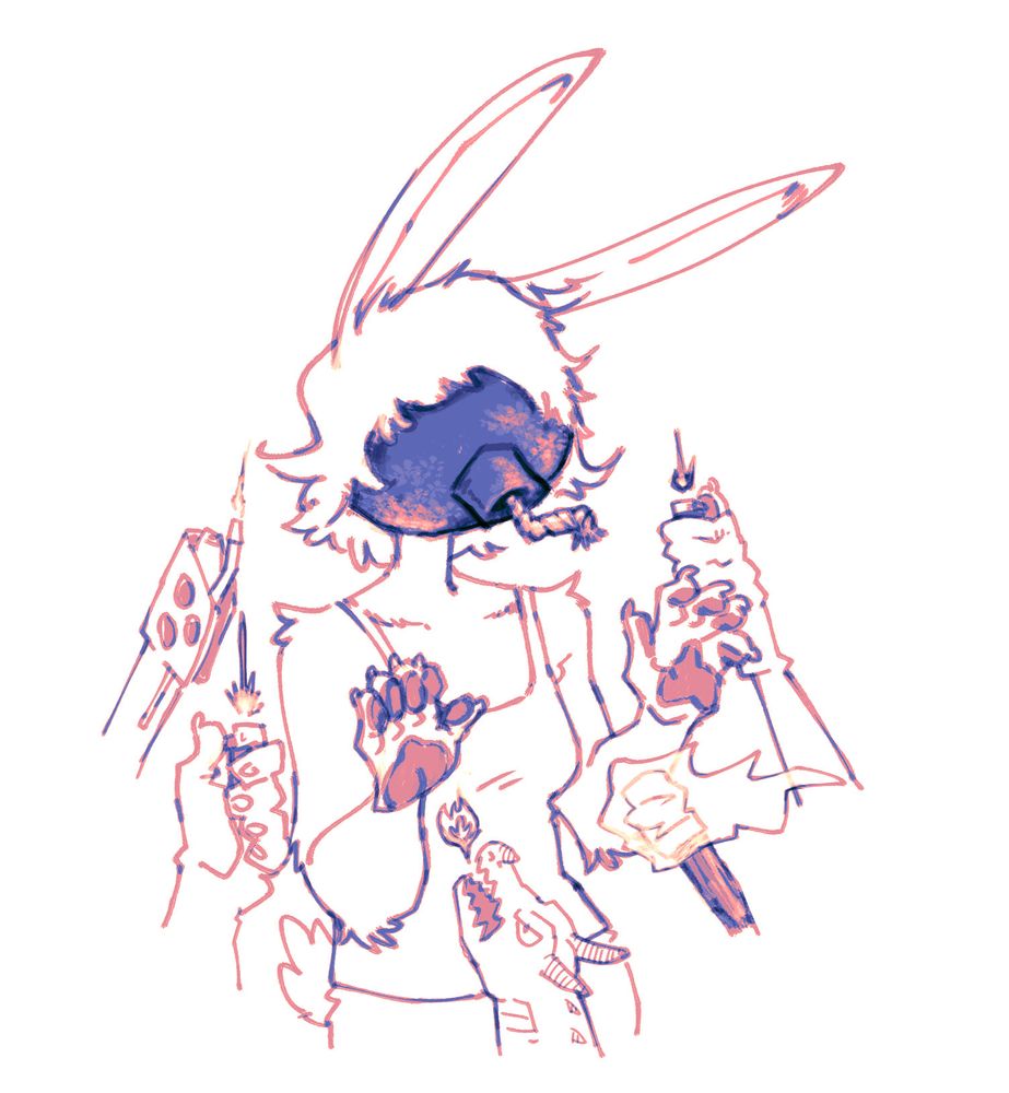 a bunny girl with a bomb for a face, like one of those old timey ones with a big wick sticking out where the mouth should be, is surrounded by a bunch of sources of fire like a flamthrower and people holding lighters or torches and a lil dragon. She nervously holds her hands up out of fear. 