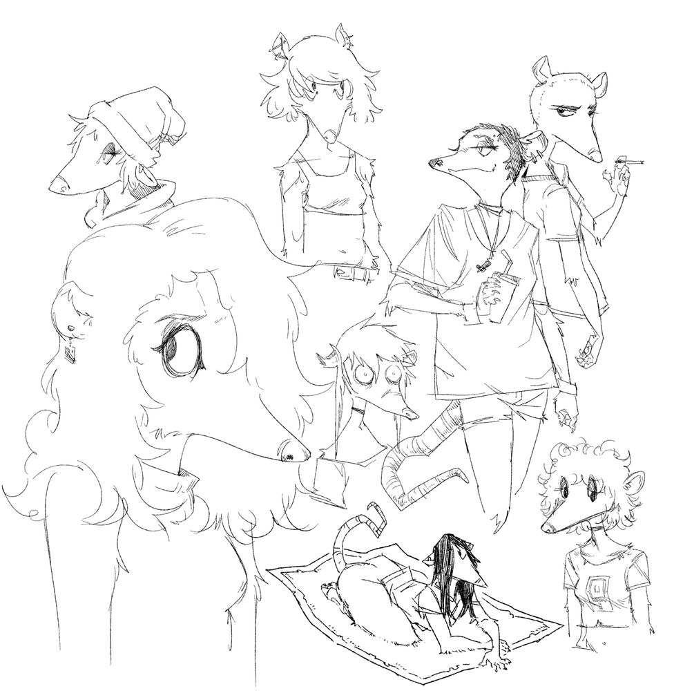 a collection of doodles of rat girls, there are eight of them in varying styles of dress and hair and attitude 