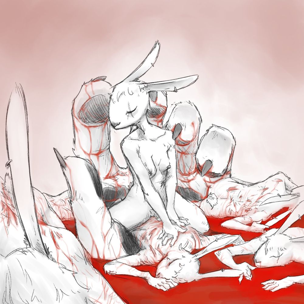 A bunny woman sits on a version of her that has been torn apart and used up, in a pools of blood she is surrounded by the used and discarded versions of herself. A large hand rises from the blood to wrap around her, it needs her now but will soon leave just another scrap in the heap. 