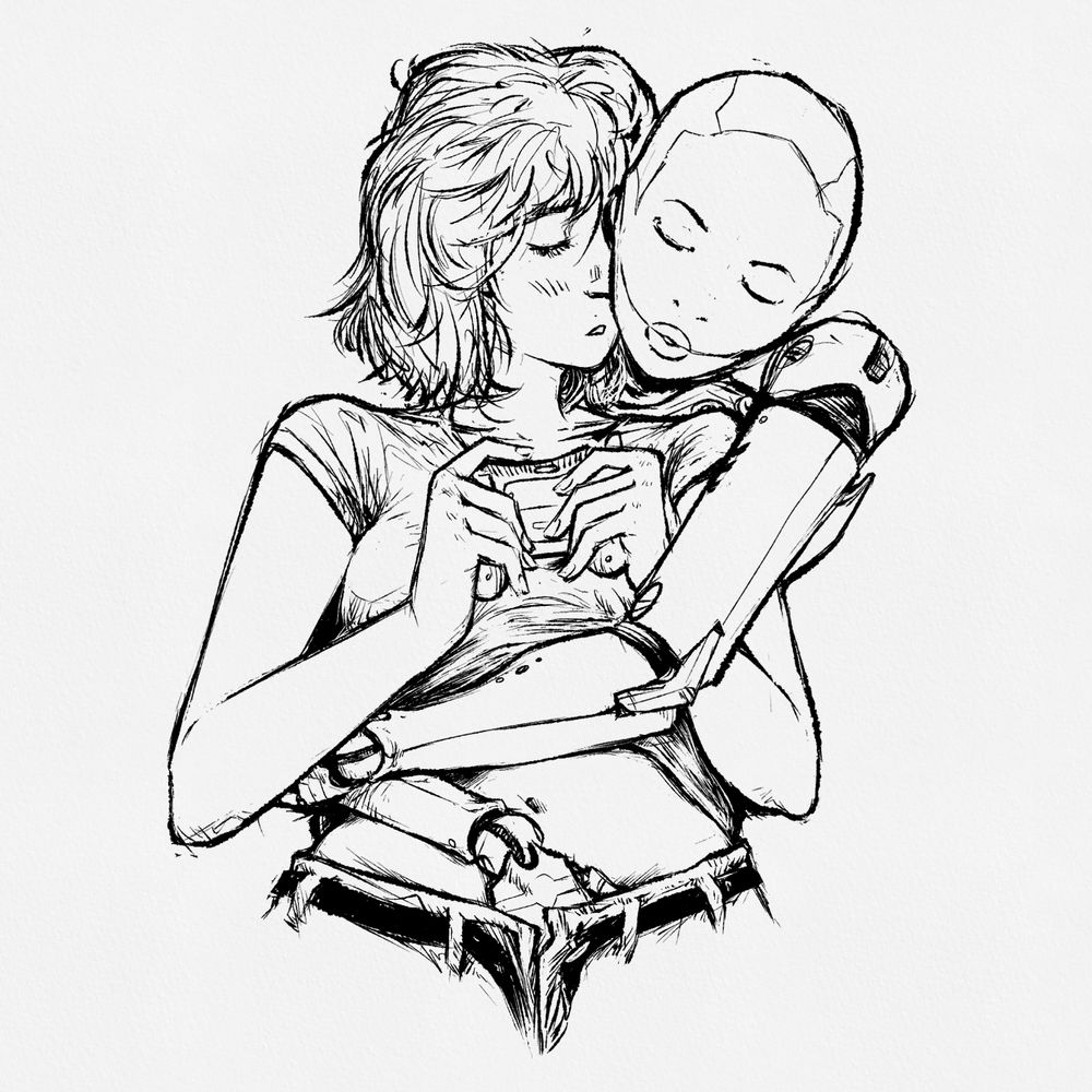 A woman holding a video game controller is embraced from behind by an android woman, the android moves her hand down the woman's pants. The woman blushes