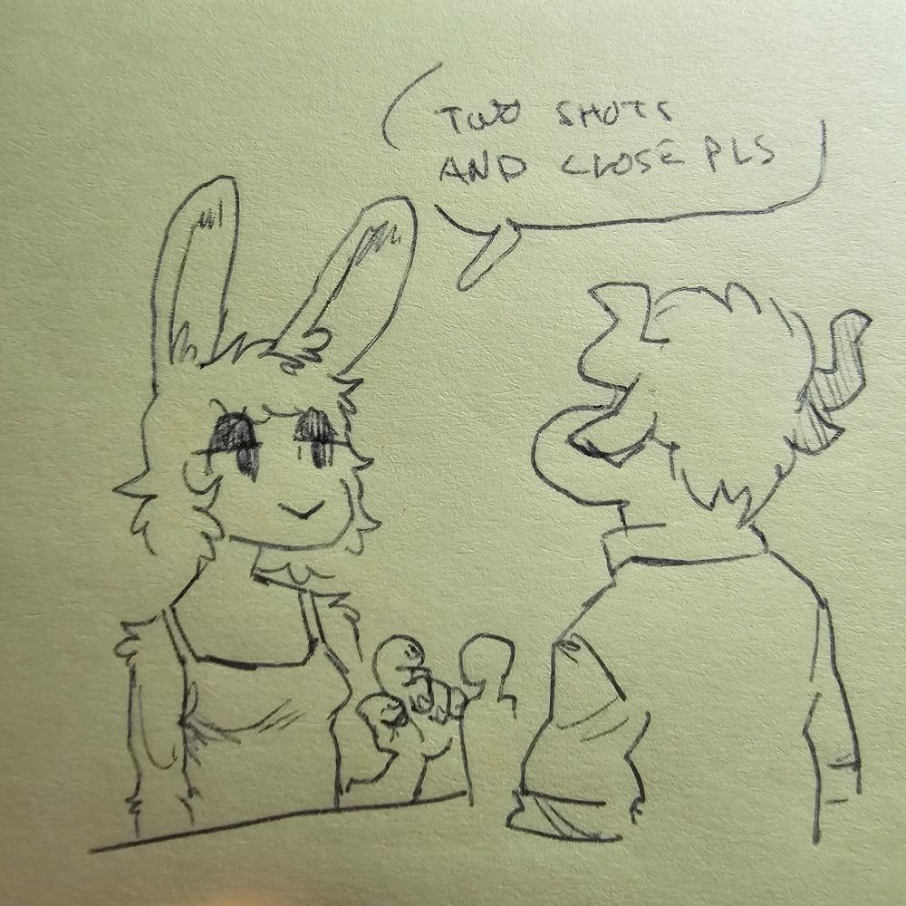 Bunny girl stands at bar speaking to cowguy bartender, she says "two shots and close pls"
