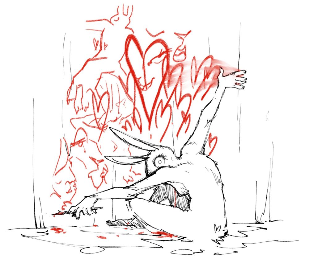 A rabbit girl sits cross legged and hunched over in from of a large stone wall. She holds a brush in one hand and the other smears the red paint on the wall that covers it in paintings of hearts and bodies and bunnies. She looks back at the viewer with a wide wild eye