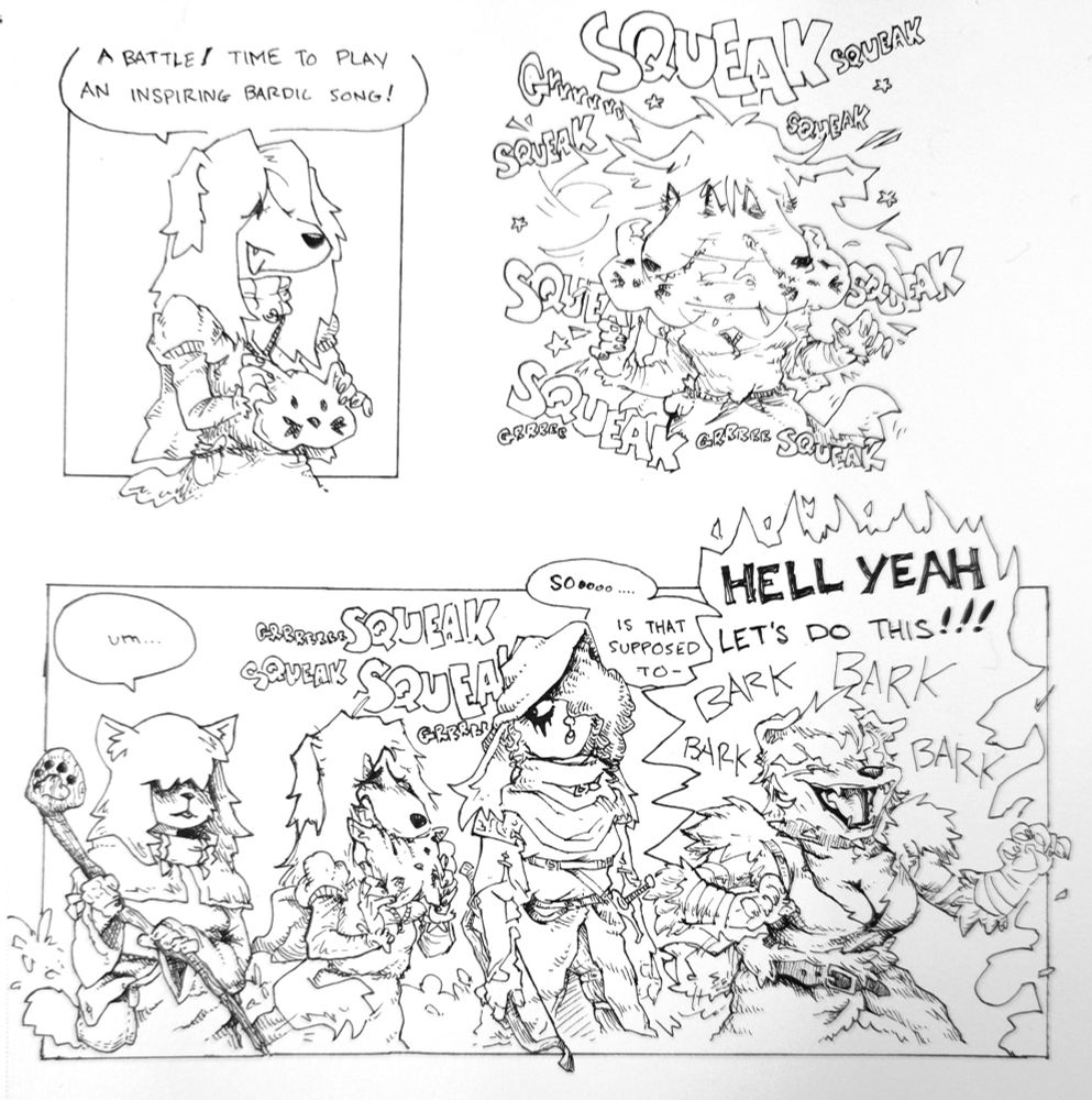 three panel comic, first panel has puppy girl saying "a battle! time to play an inspiring bardic song!" in the second panel she chomps onto a squeaky toy shaking it wildly and making a bunch of cute squeaks, the third panel shows a group of animal adventurers questioning if that did anything with the dog barbarian FIRED UP SHOUTING "HELL YEAH LETS DO THIS BARK BARK BARK!"