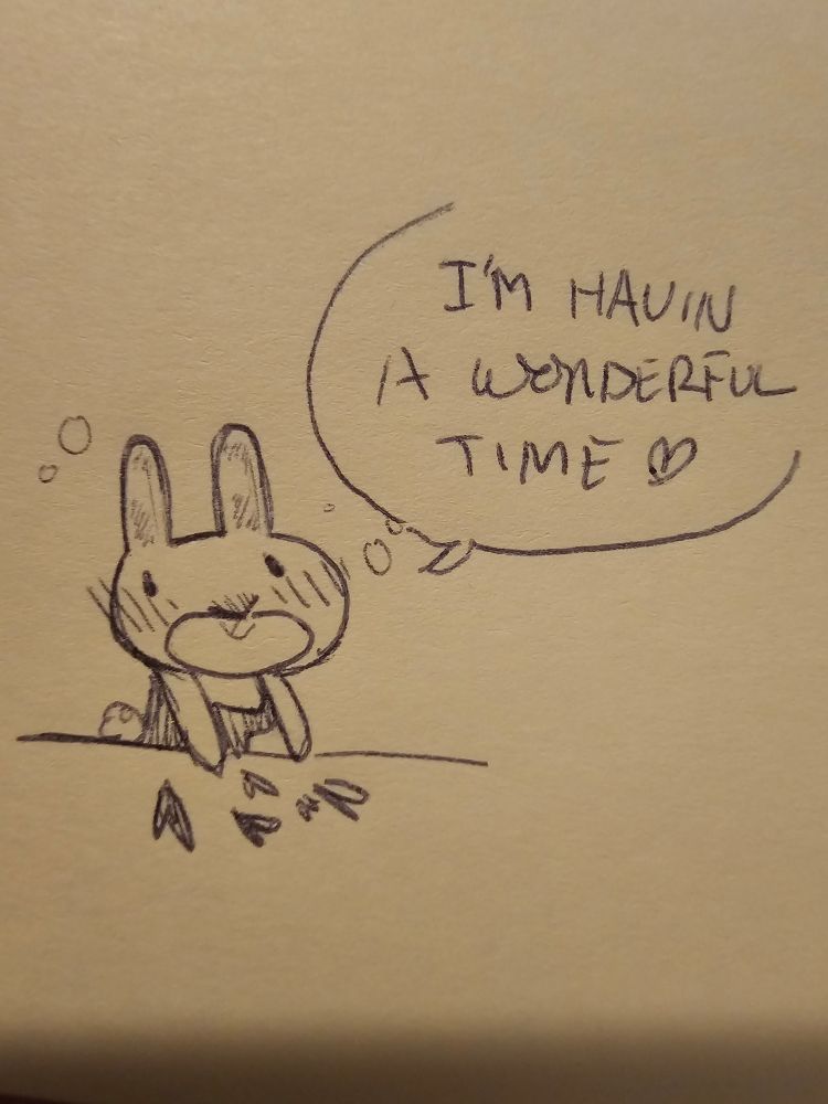 Blushing, drunk bunny shouts "I'm having a wonderful time"
