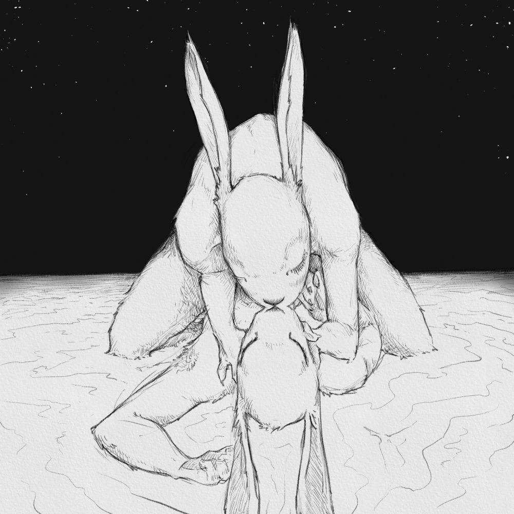two rabbit women lay in water under a starry sky, one on top of the other as they embrace and kiss